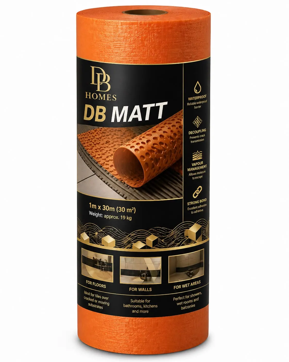 DB Matt orange uncoupling and waterproofing membrane, a 1 m × 30 m roll covering 30 square metres