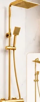 DB Homés three way square thermostatic shower mixer in brushed brass with a slim rain head, handset and riser rail