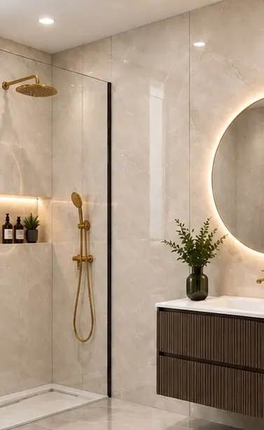 Bathroom lined in DB Homés Beige Marble Gloss PVC wall panels with a walnut vanity unit and gold shower