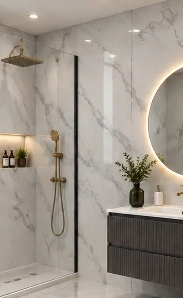 Bathroom finished in DB Homés Carrara Marble Gloss PVC wall panels, with a walk-in shower, brushed gold brassware and a round backlit mirror