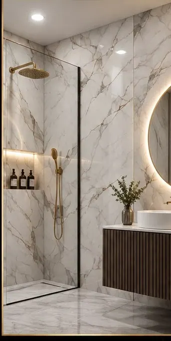 Walk-in shower lined in DB Homés Gold Marble Gloss PVC wall panels with brushed gold fittings