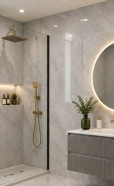 Shower room lined in DB Homés Light Grey Marble Gloss PVC wall panels with a fluted grey vanity unit
