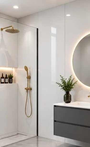 Shower room lined in DB Homés White Gloss PVC wall panels with brushed gold brassware and a grey vanity unit