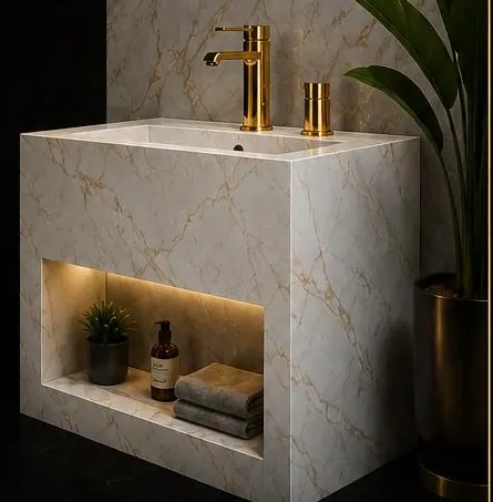 DB Homés Pureflow wudu basin in gold-veined sintered stone with a brushed gold tap and a lit lower niche holding towels
