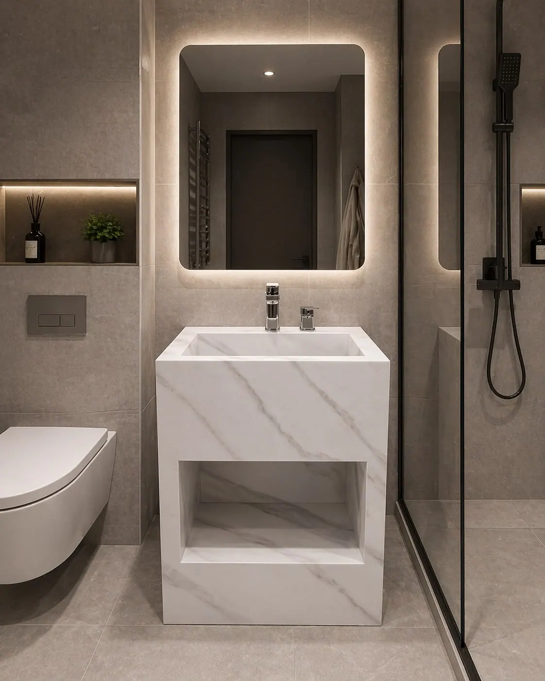 Luxury grey stone bathroom with a DB Homés freestanding marble effect vanity unit, backlit mirror and walk-in shower