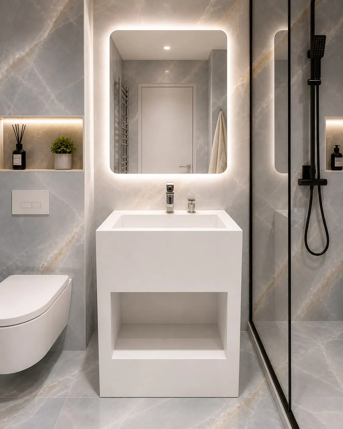DB Homés Pure White matt freestanding vanity unit with integrated basin in a light onyx tiled bathroom with backlit mirror