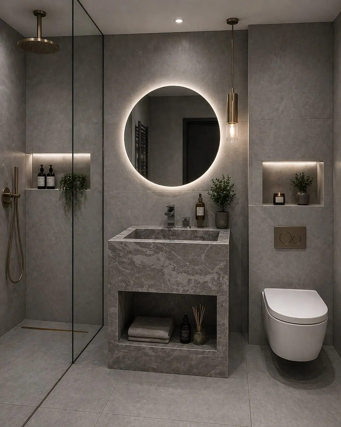 Walk-in shower with a frameless glass screen and brushed brass fittings in a grey stone bathroom